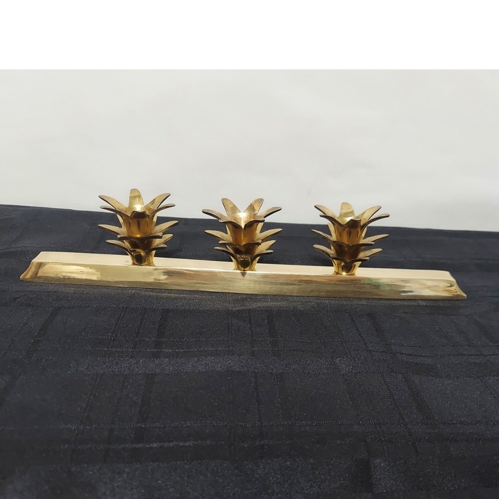 Vintage Brass Triple Taper Candle Holder Pineapple Hollywood Regency 13.5in